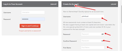 Creating account with Namecheap